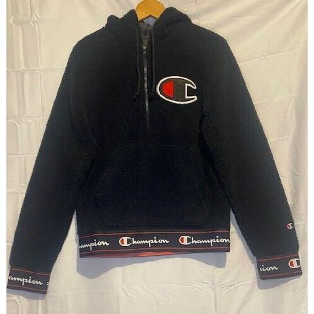 CHAMPION Fleece Sherpa Hoodie SMALL Black BIG C-PATCH Pullover Elastic‎ Bottom